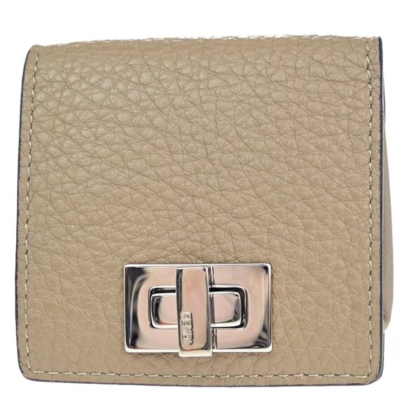 AUTHENTICITY GUARANTEED FENDI Logo Peekaboo Compact Coin Wallet Leather Beige - Picture 1 of 15